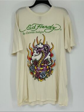 Ed Hardy Christian Audigier Mens XXL Cream Snake Rose Graphic Tee Y2K Made USA